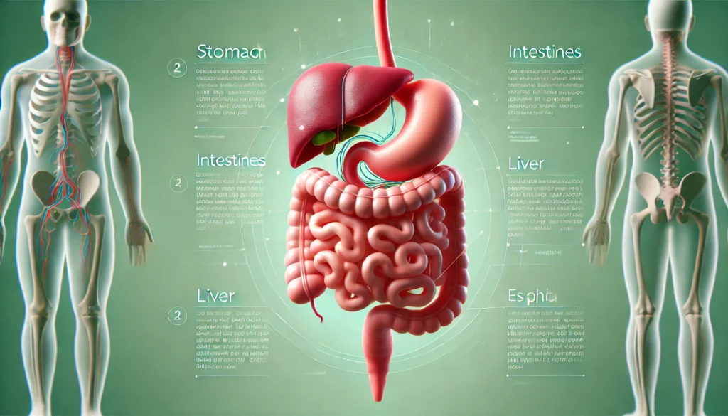 Acid Reflux or Gallbladder: A Guide to Symptoms and Treatment| HEH 1 DALL·E 2025 03 21 17.40.06 A high quality 3D rendered medical illustration of the human digestive system showing the stomach intestines liver and esophagus. The image includ